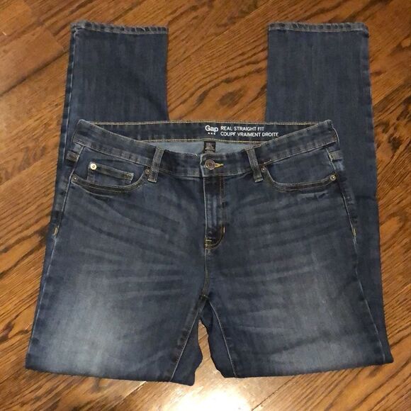 GAP Women’s Medium Wash REAL STRAIGHT Denim Low Rise Jeans Sz 10 - Picture 1 of 8